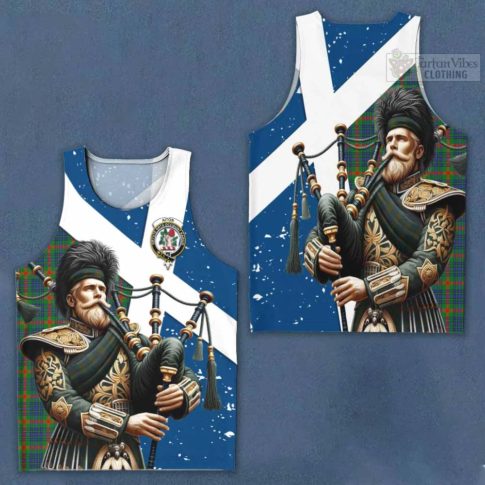 Aiton Tartan Men's Tank Top with Family Crest Scottish Bagpiper Vibes