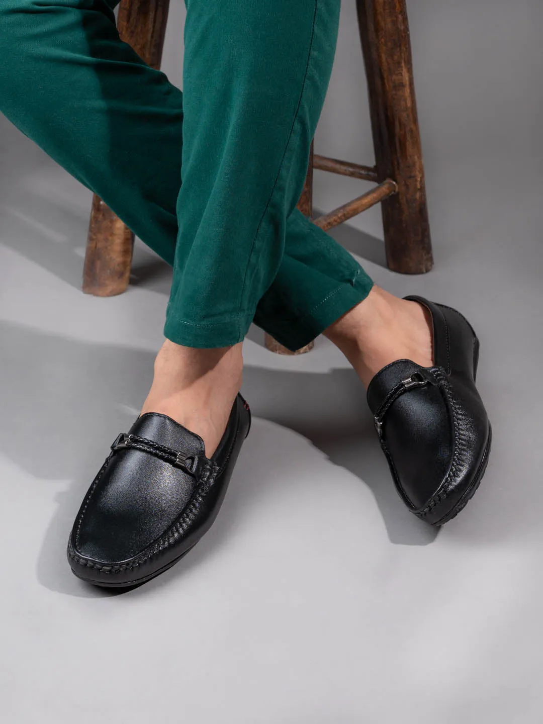 Alberto Torresi Black Burnish With TPR Sole Loafers For Men