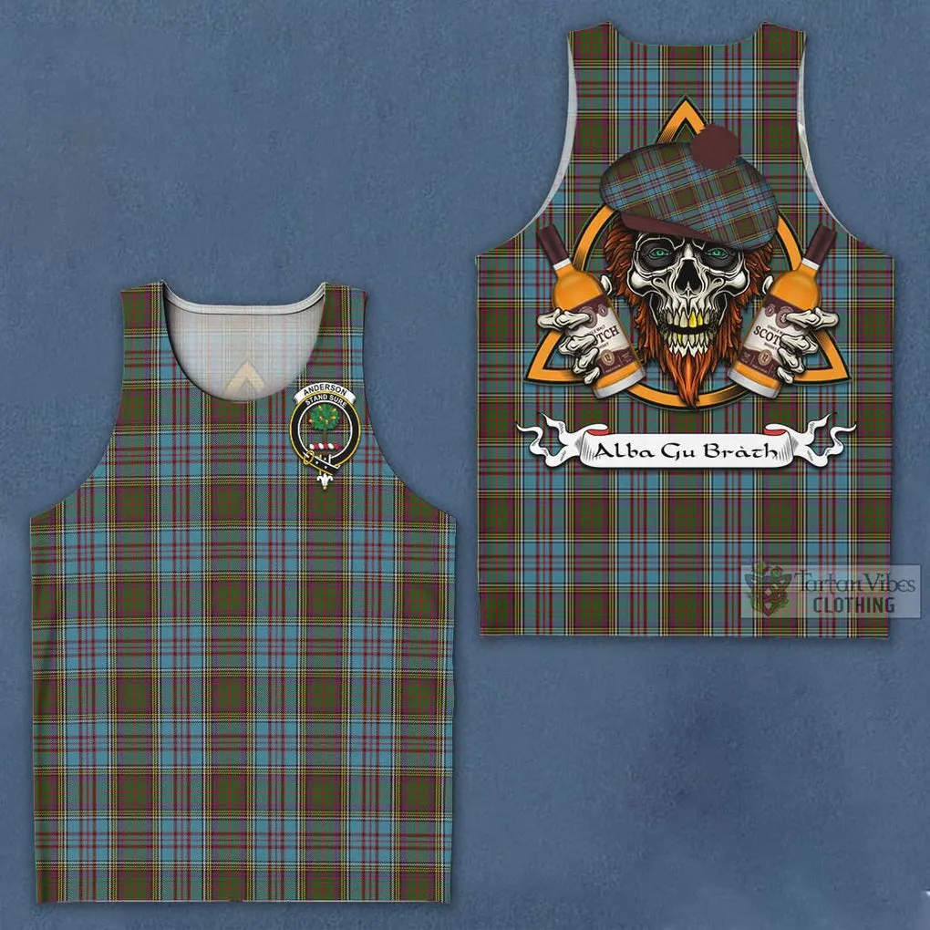 Anderson Tartan Men's Tank Top with Family Crest and Bearded Skull Holding Bottles of Whiskey