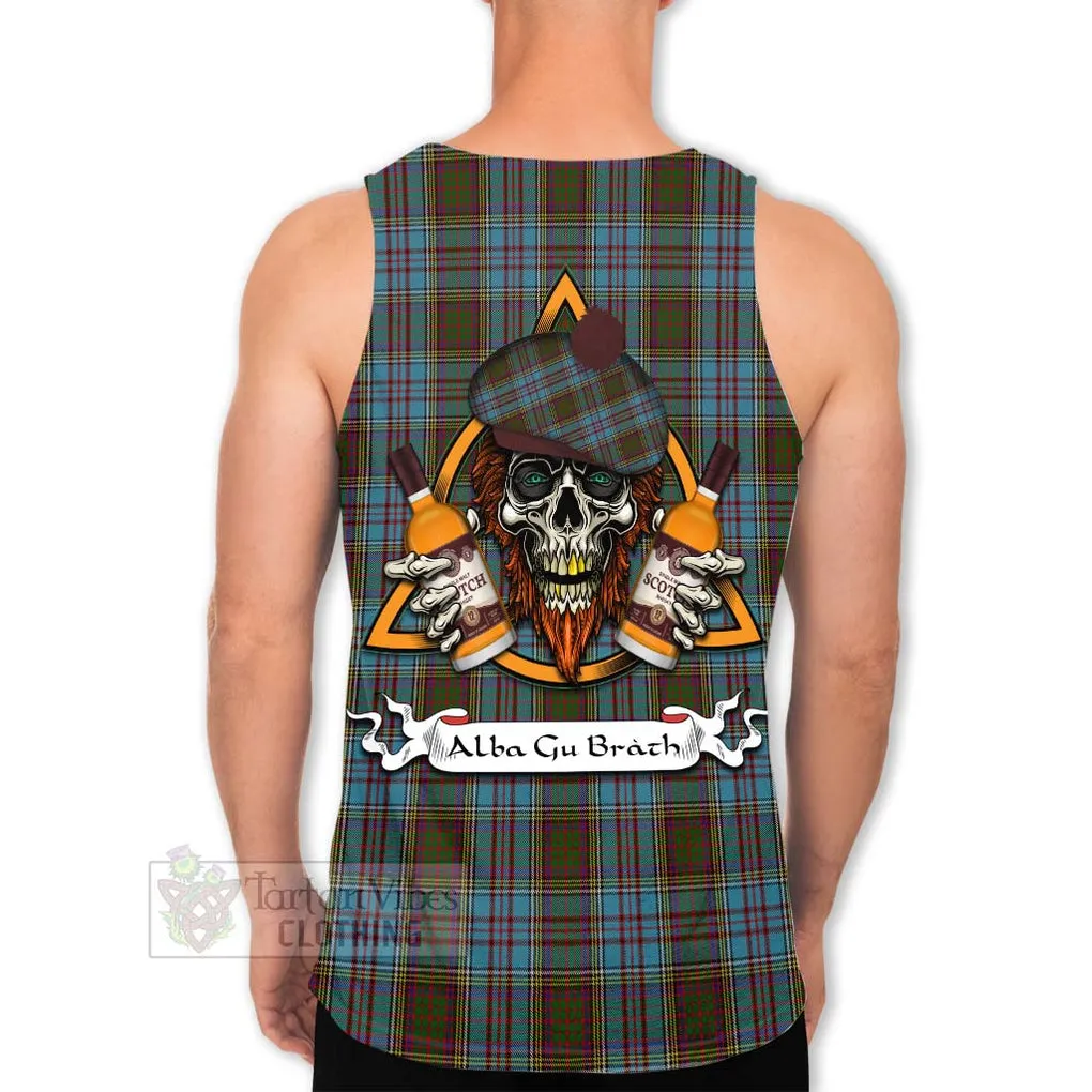 Anderson Tartan Men's Tank Top with Family Crest and Bearded Skull Holding Bottles of Whiskey