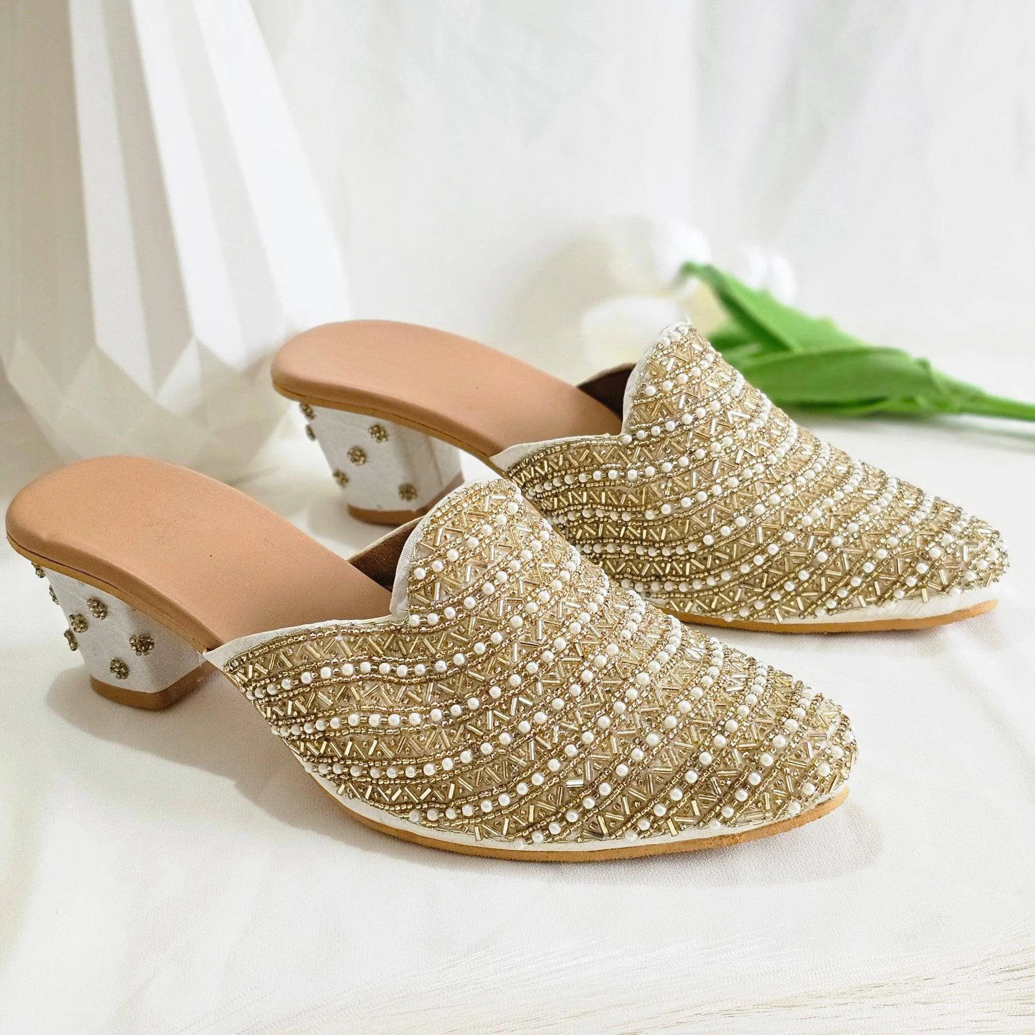 Aurora - Women's Golden Beige Bridal Bridal Heel Mules