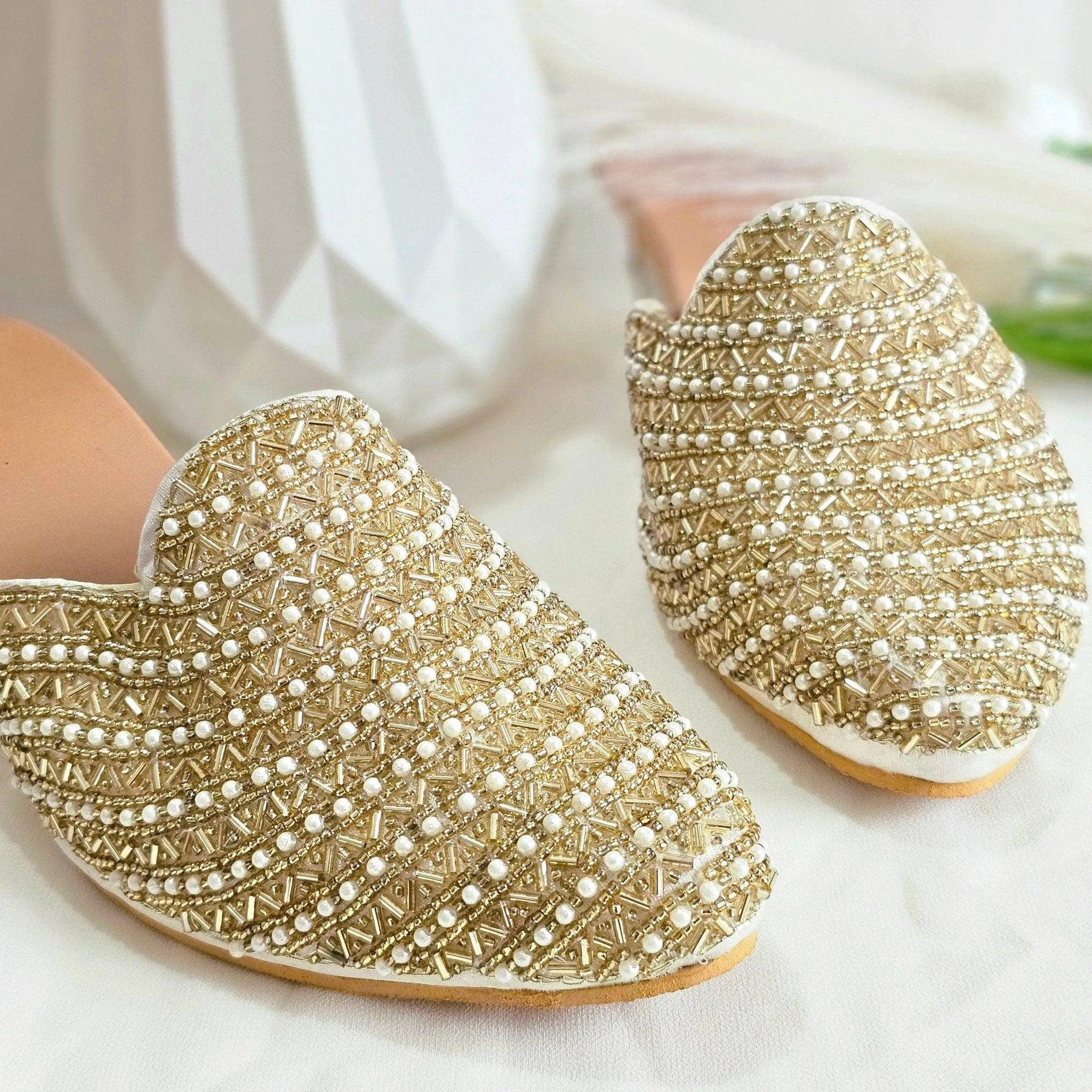 Aurora - Women's Golden Beige Bridal Bridal Heel Mules