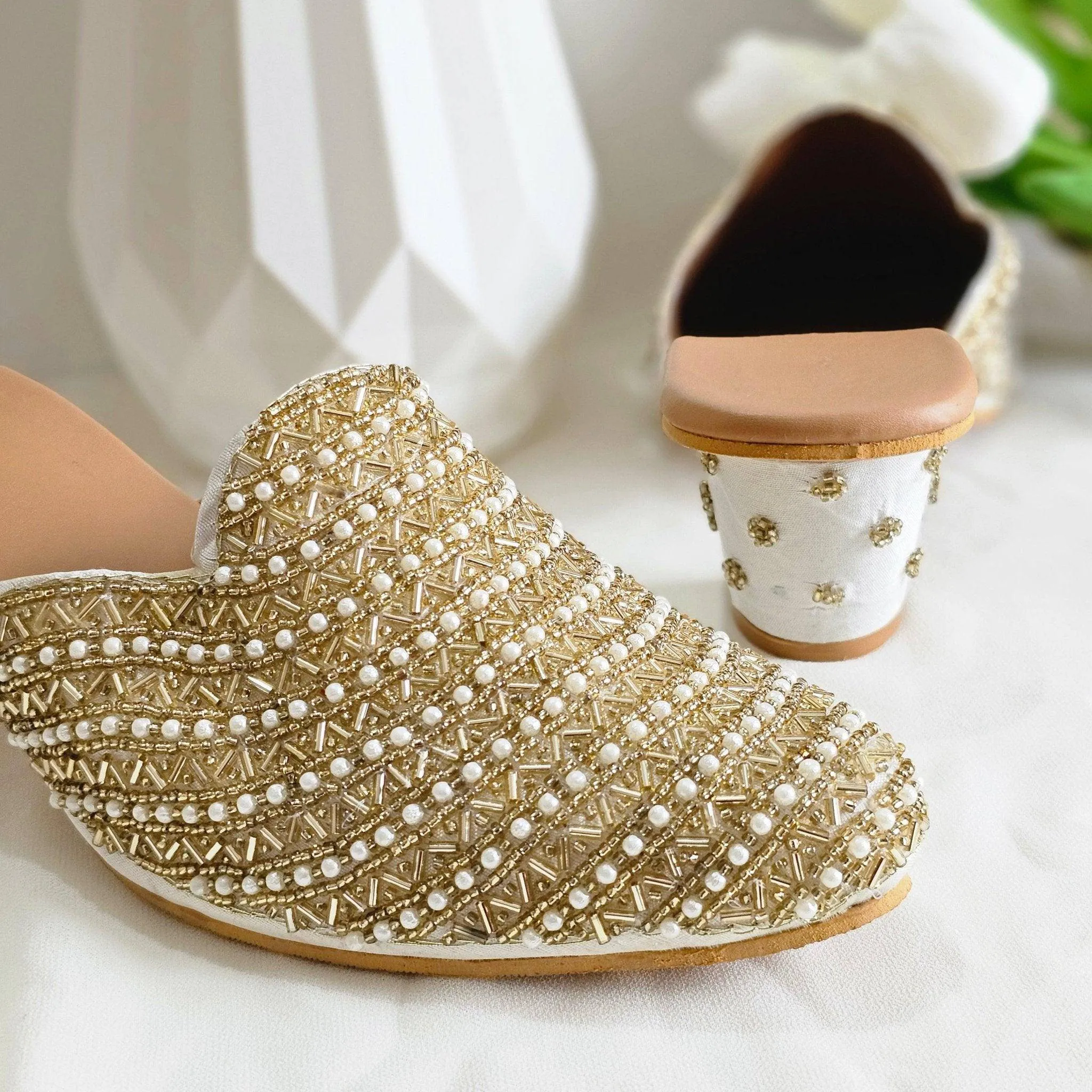 Aurora - Women's Golden Beige Bridal Bridal Heel Mules