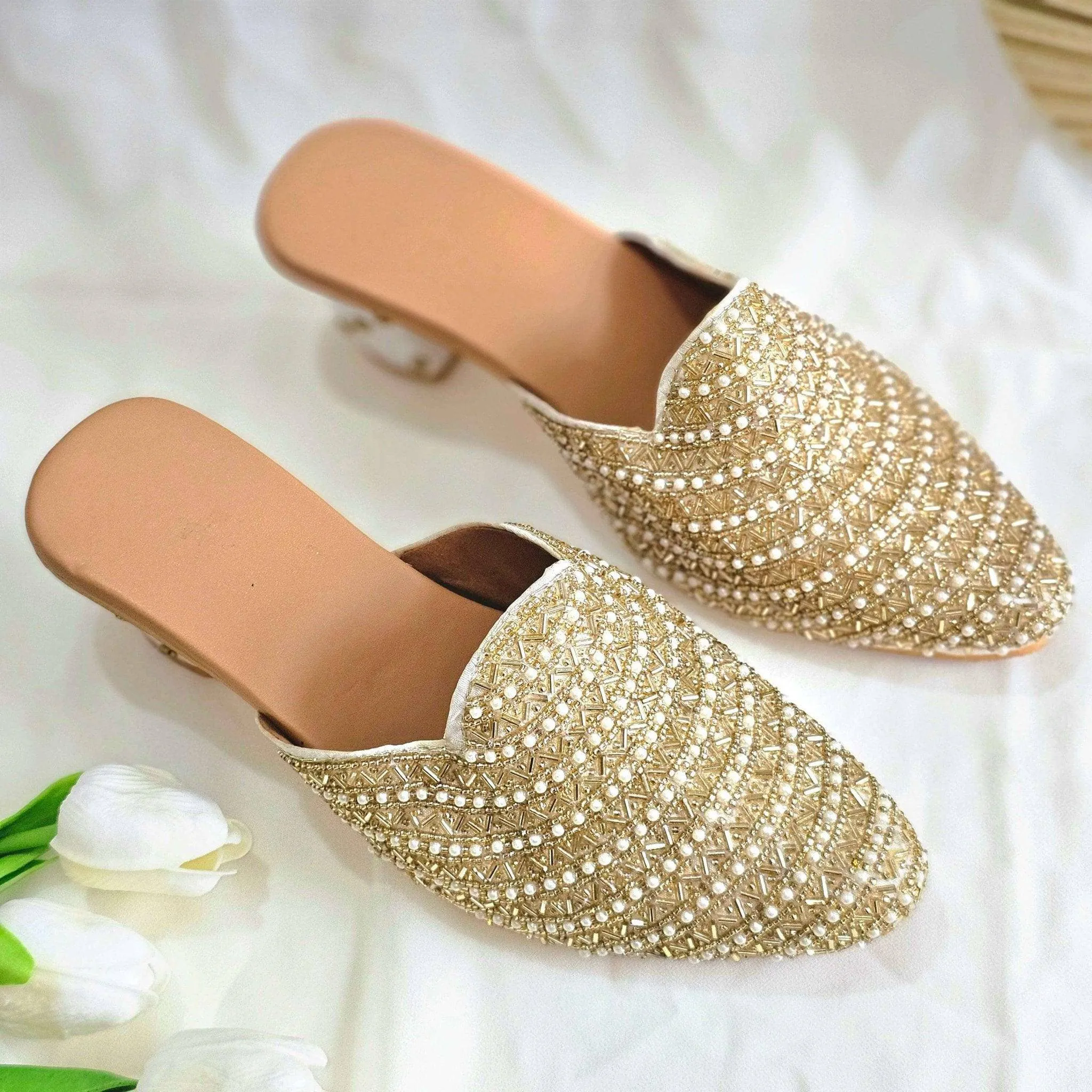 Aurora - Women's Golden Beige Bridal Bridal Heel Mules