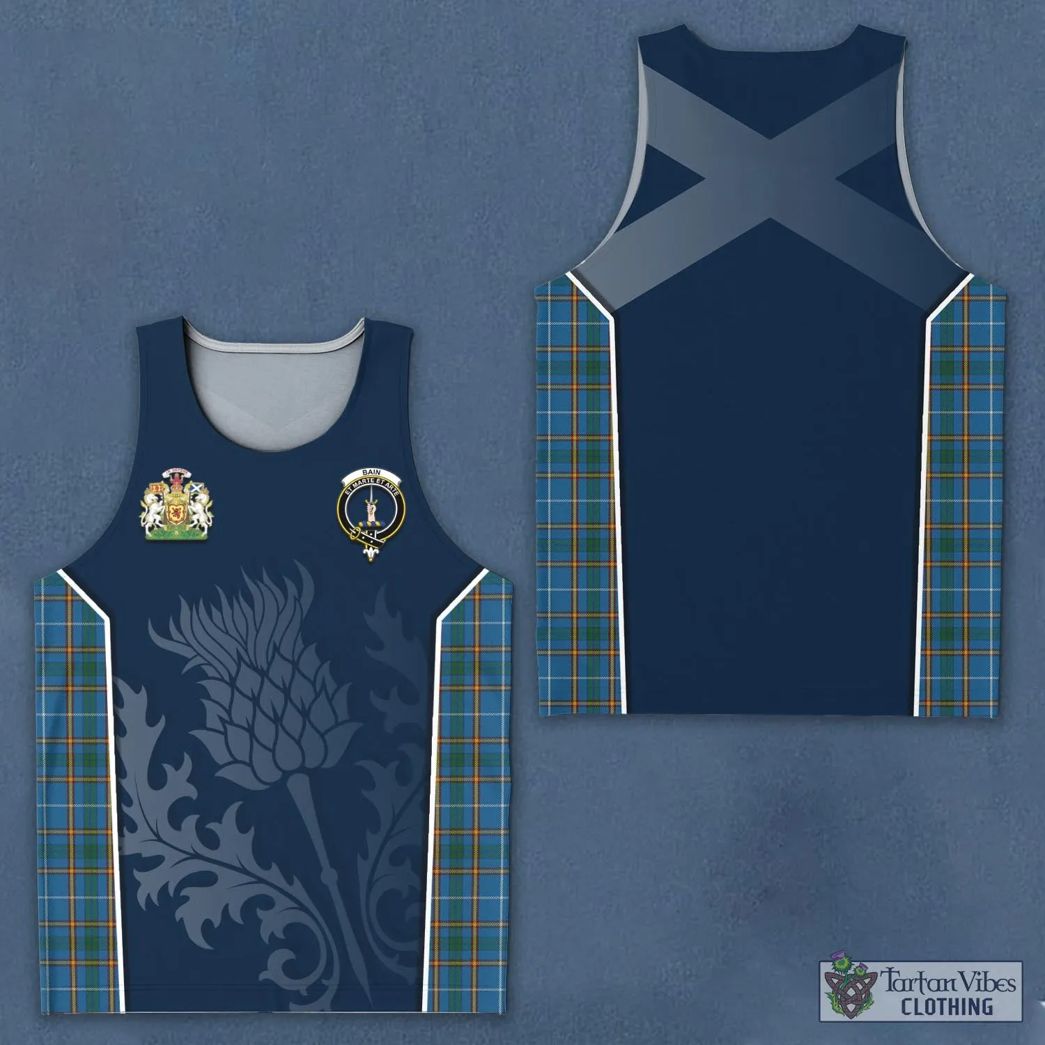 Bain Tartan Men's Tanks Top with Family Crest and Scottish Thistle Vibes Sport Style