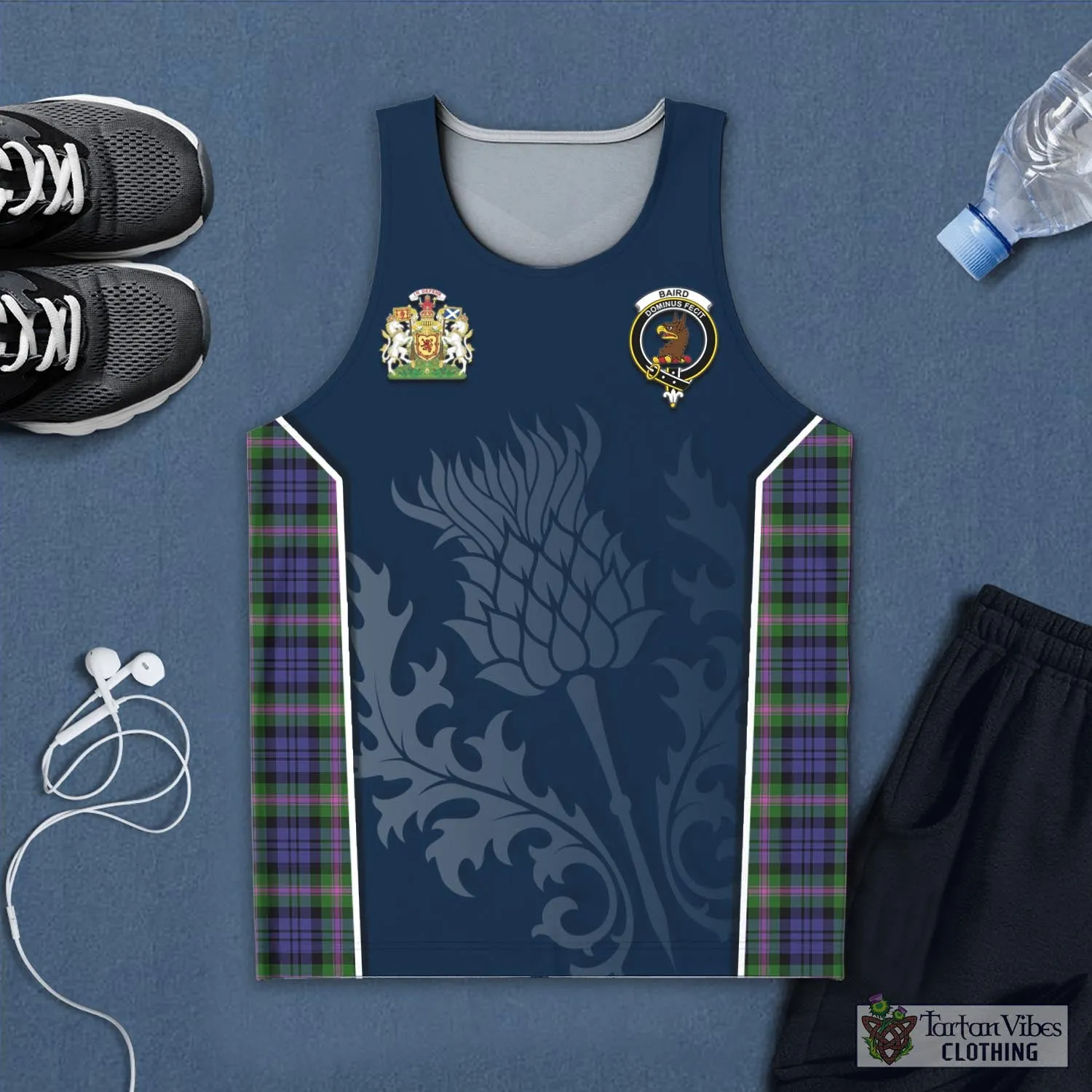 Baird Modern Tartan Men's Tanks Top with Family Crest and Scottish Thistle Vibes Sport Style