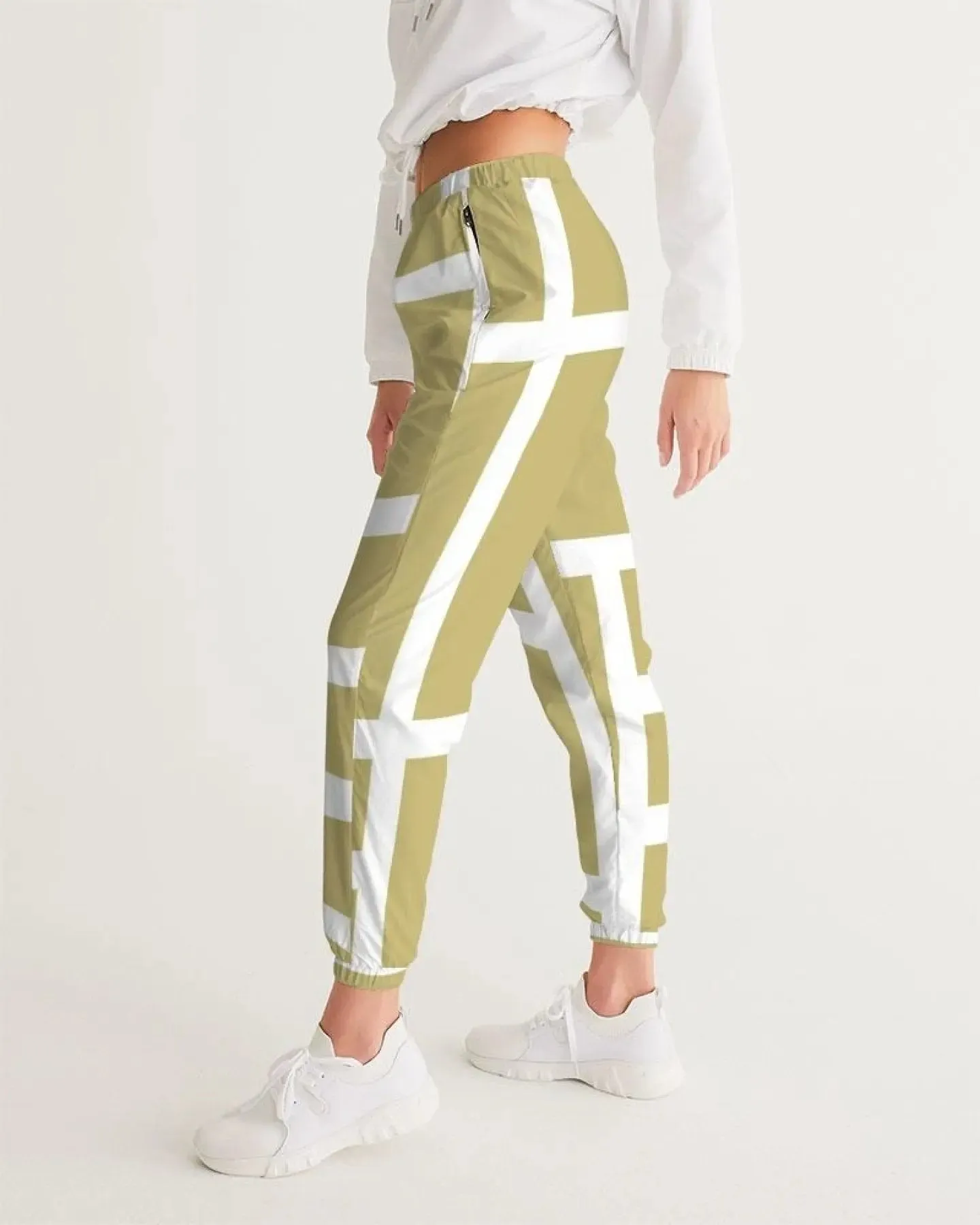 Beige and White Grid Women's Sports Track Pants for Active Lifestyle