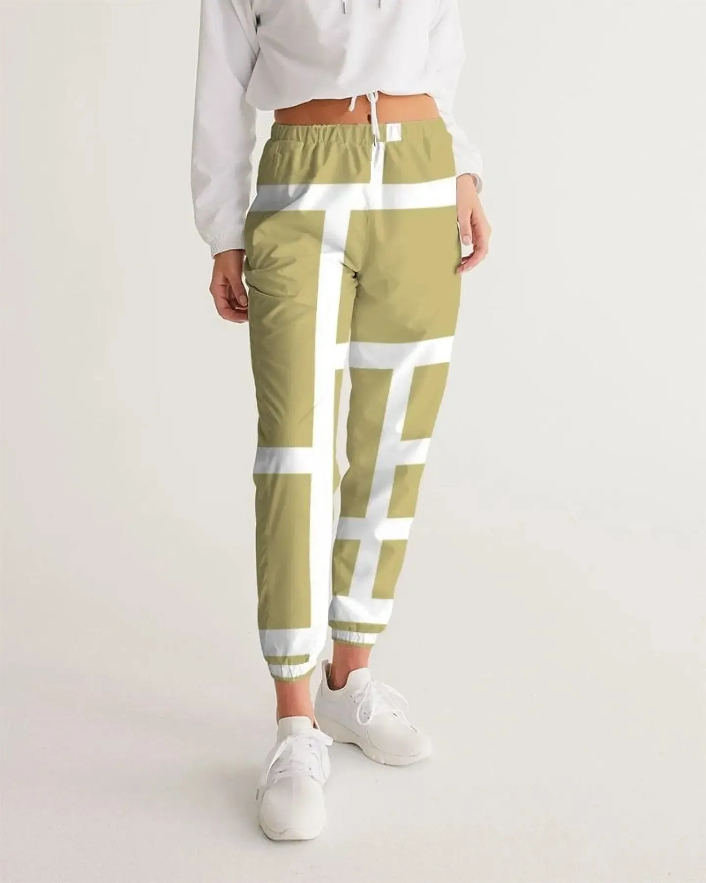 Beige and White Grid Women's Sports Track Pants for Active Lifestyle