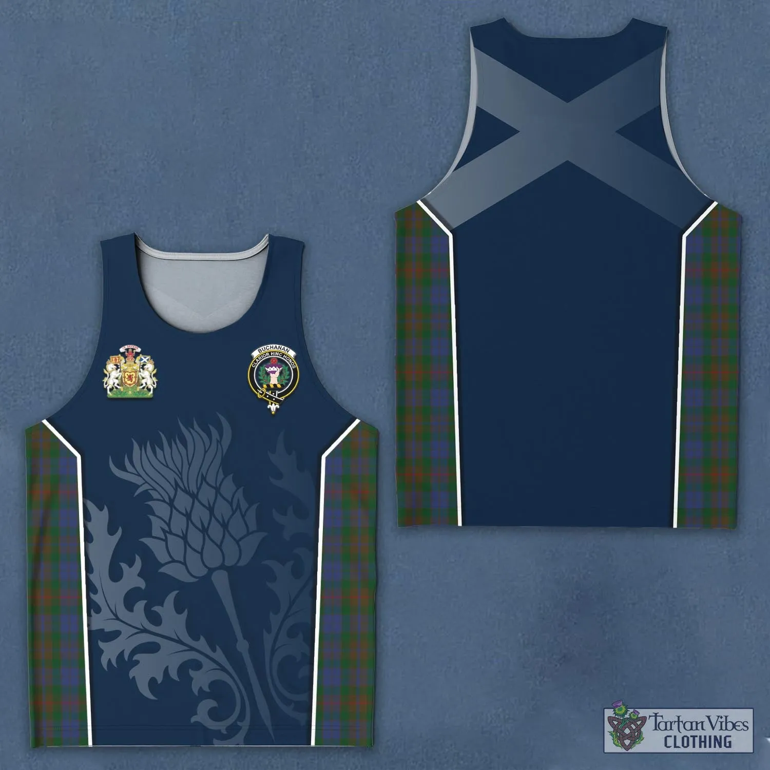 Buchanan Hunting Tartan Men's Tanks Top with Family Crest and Scottish Thistle Vibes Sport Style