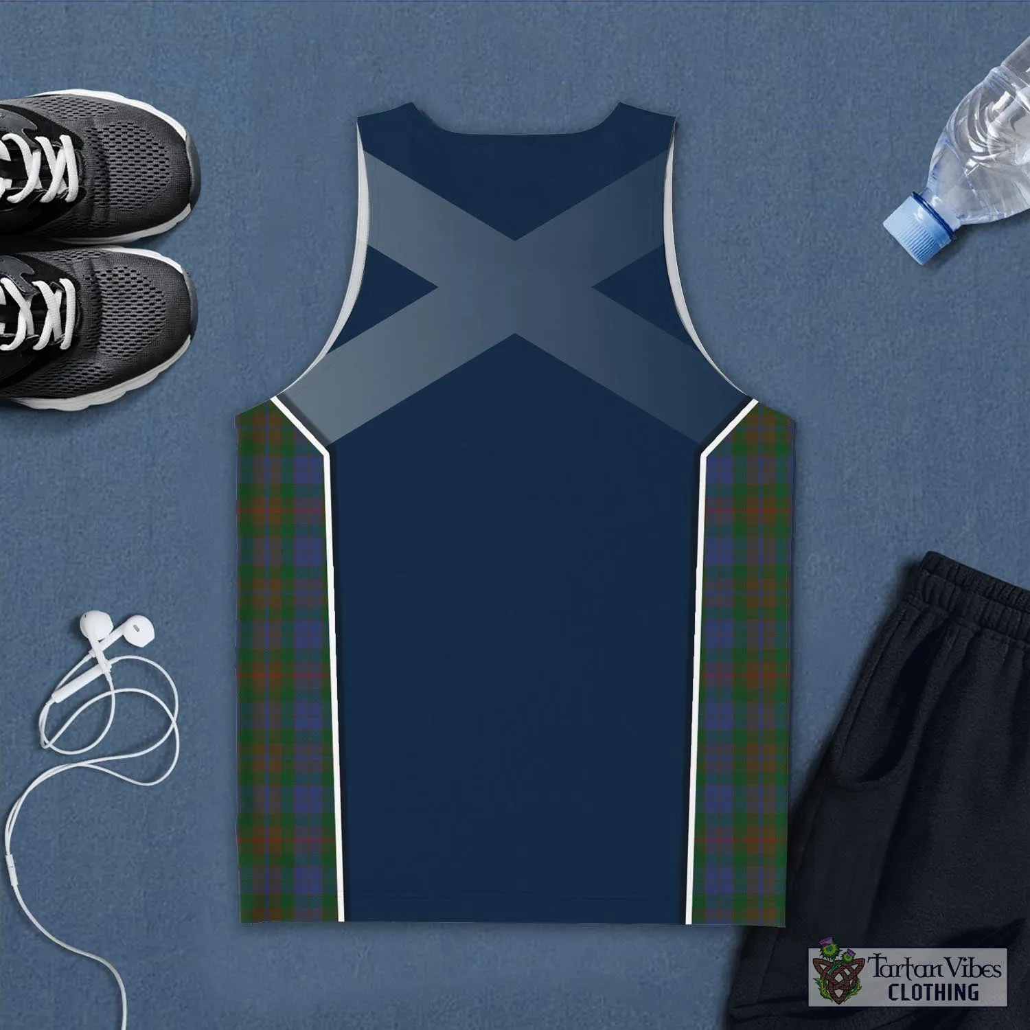 Buchanan Hunting Tartan Men's Tanks Top with Family Crest and Scottish Thistle Vibes Sport Style