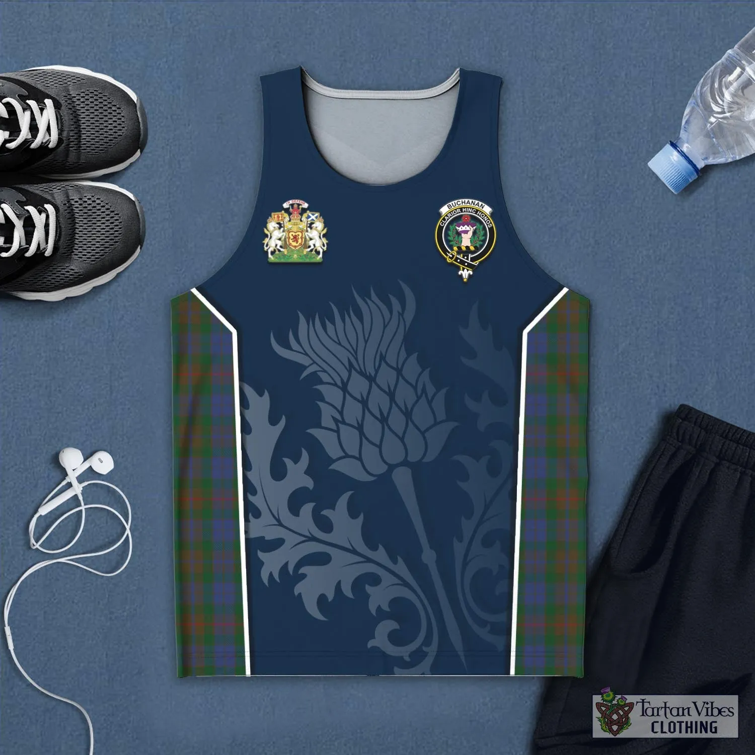 Buchanan Hunting Tartan Men's Tanks Top with Family Crest and Scottish Thistle Vibes Sport Style