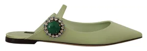 Dolce & Gabbana Green Leather Crystals Mule Slides Flats Shoes