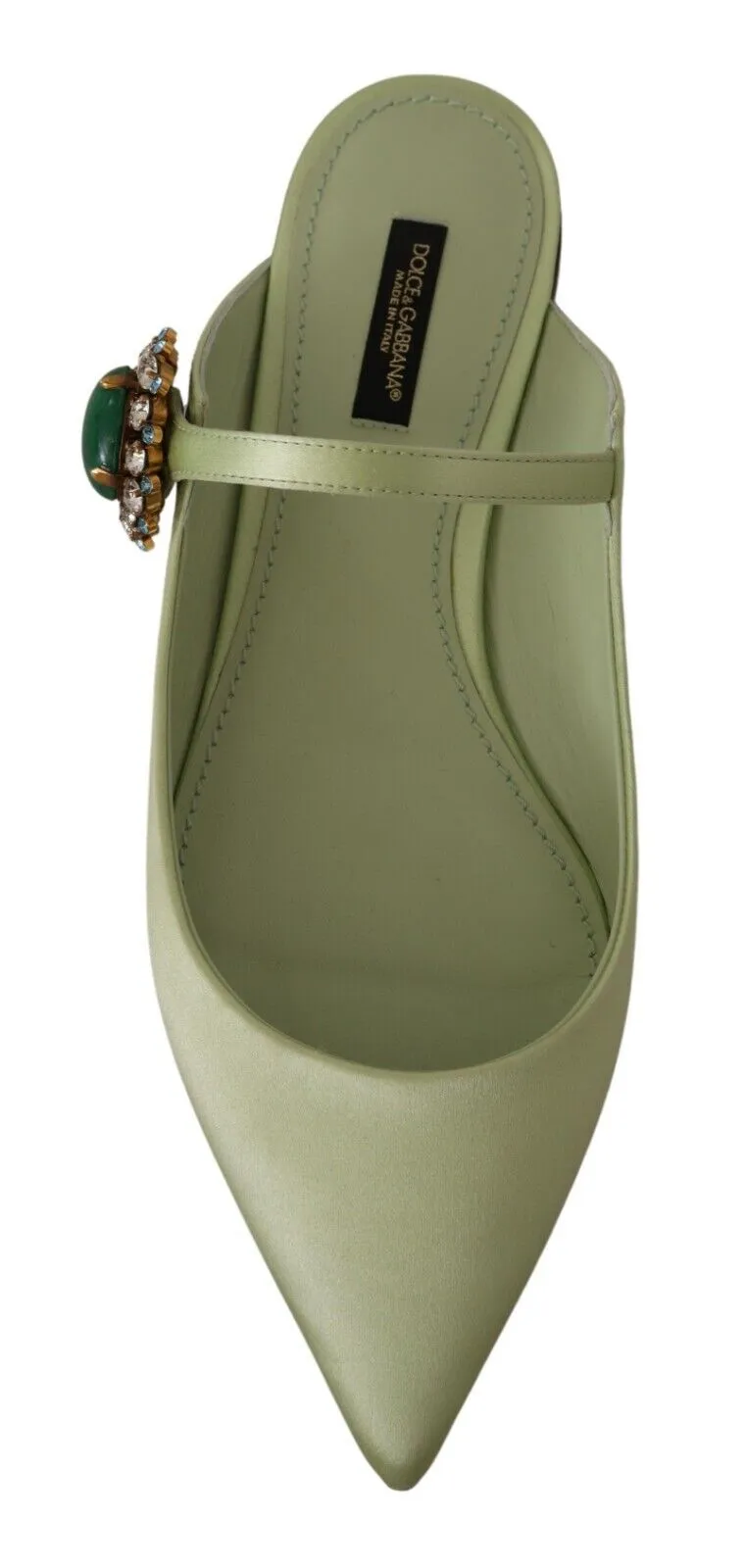 Dolce & Gabbana Green Leather Crystals Mule Slides Flats Shoes