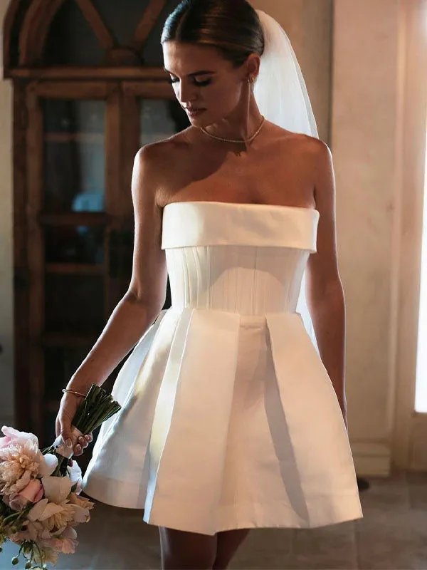 Elegant Strapless Pleat Short Wedding Dress For Women Simple Backless A Line Above Knee Mini Bridal Gown Robe De Mariee