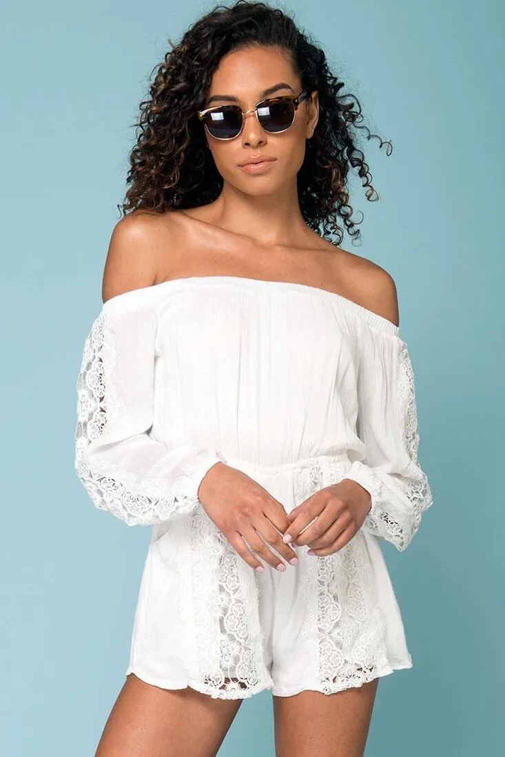 Eliana Off The Shoulder Lace Sleeve Romper White