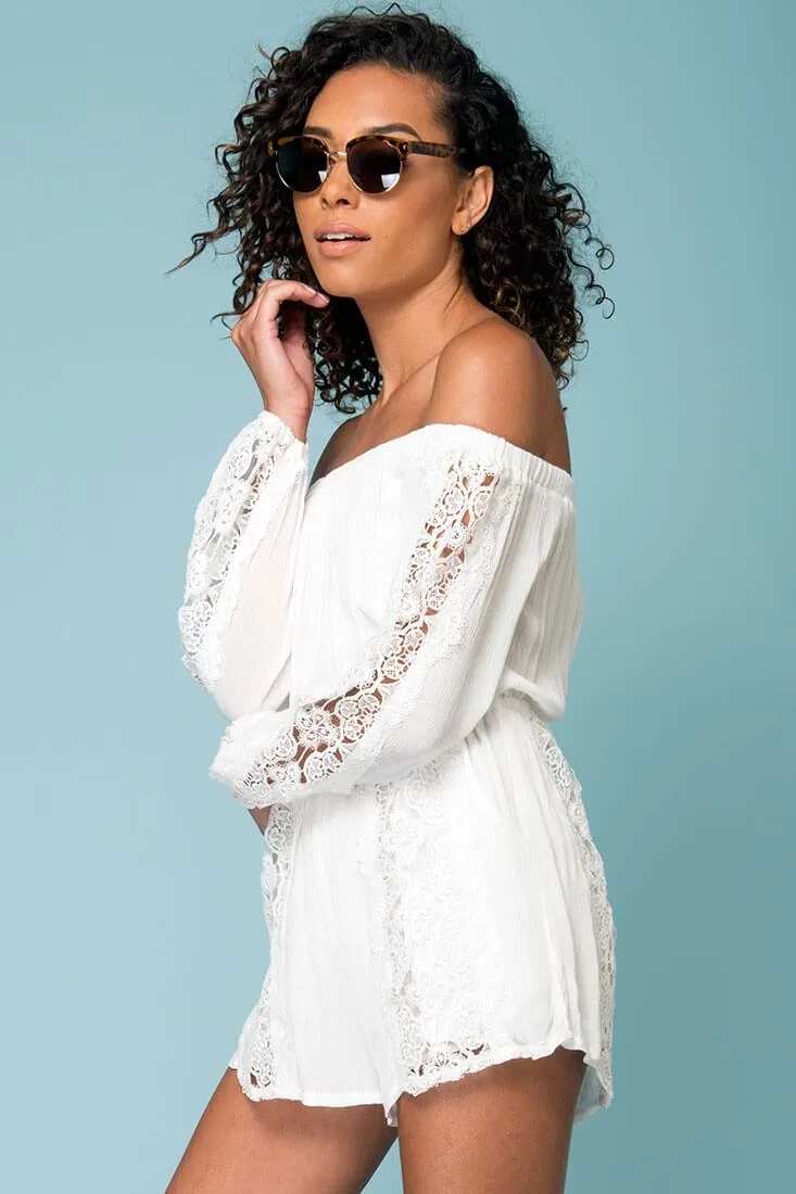 Eliana Off The Shoulder Lace Sleeve Romper White