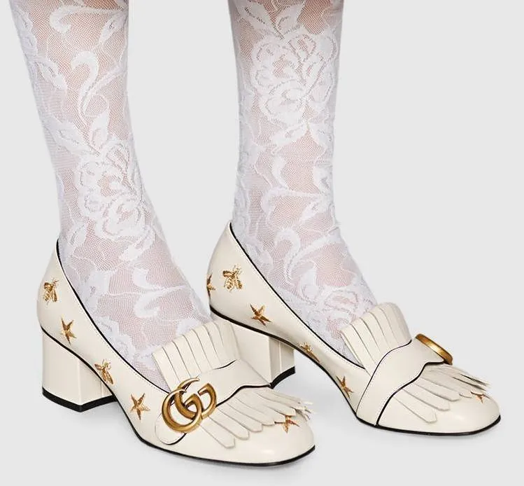 Embroidered Leather Mid-Heel Pump