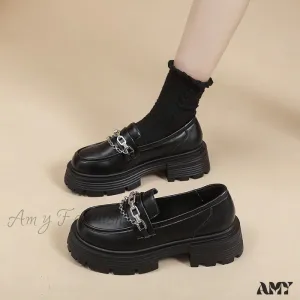 Fashion Thick Sole Chunky Heel Loafers British Style Autumn 2024 Black Metal Chain Women's Shoes