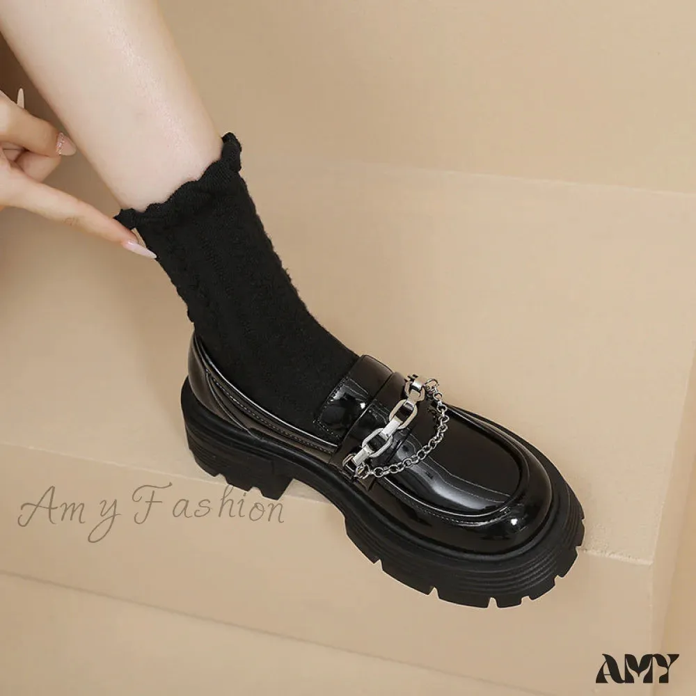 Fashion Thick Sole Chunky Heel Loafers British Style Autumn 2024 Black Metal Chain Women's Shoes