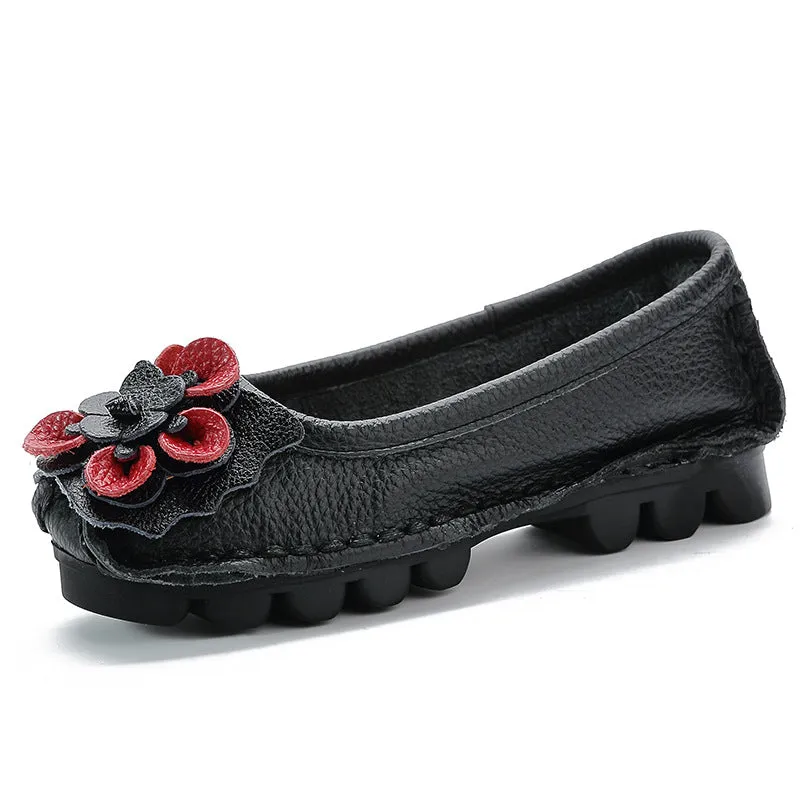 Genuine Leather Flower Women's Single Shoes Flat Sole Large Foreign Trade Shoes