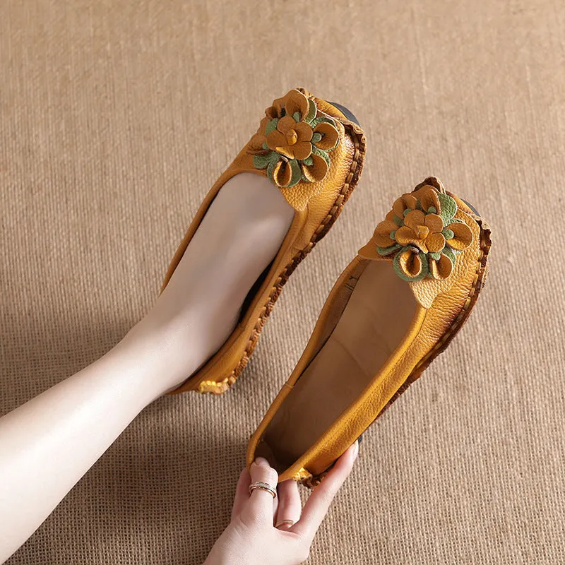 Genuine Leather Flower Women's Single Shoes Flat Sole Large Foreign Trade Shoes