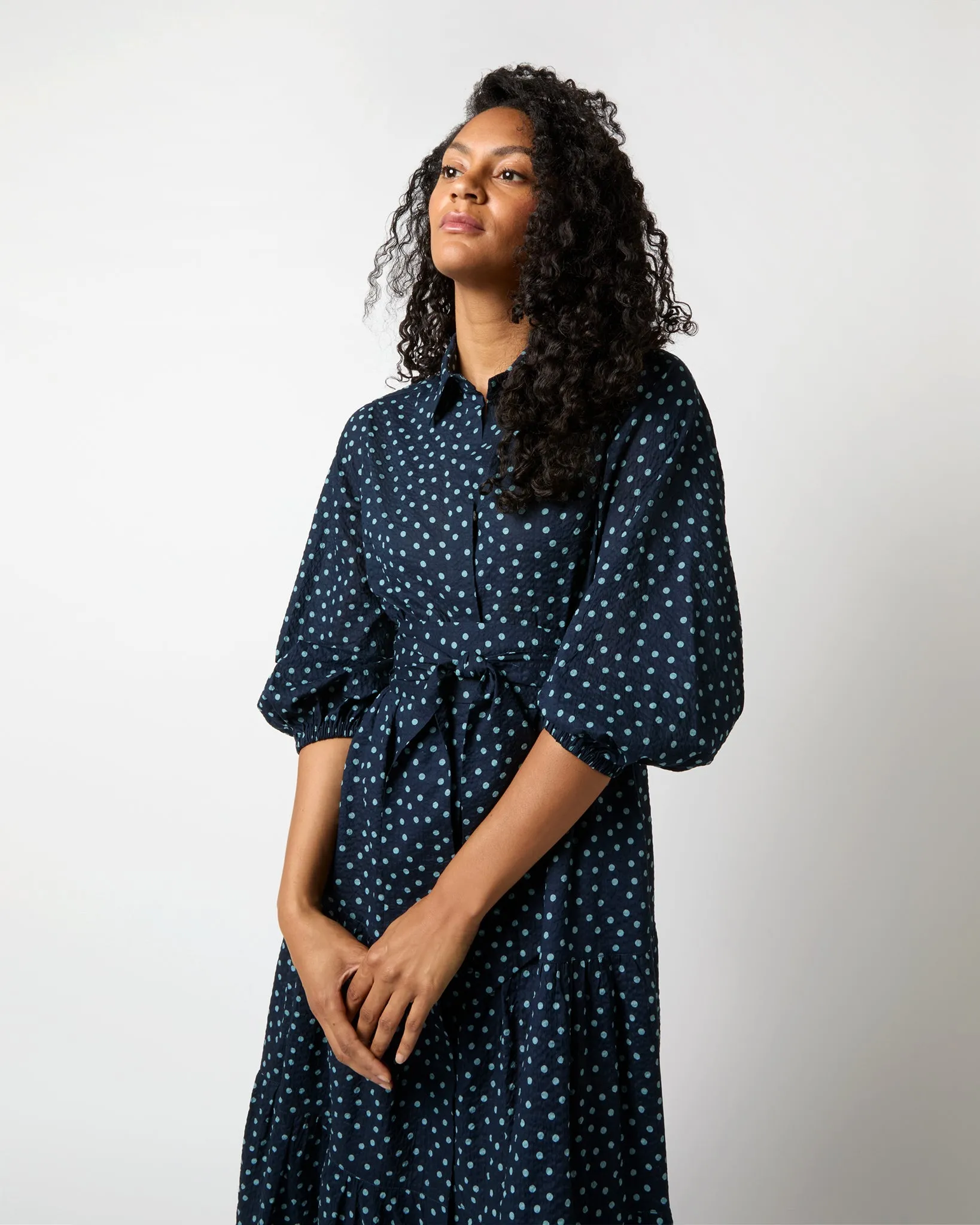 Isla Shirtdress in Navy/Steel Blue Crinkle Cotton