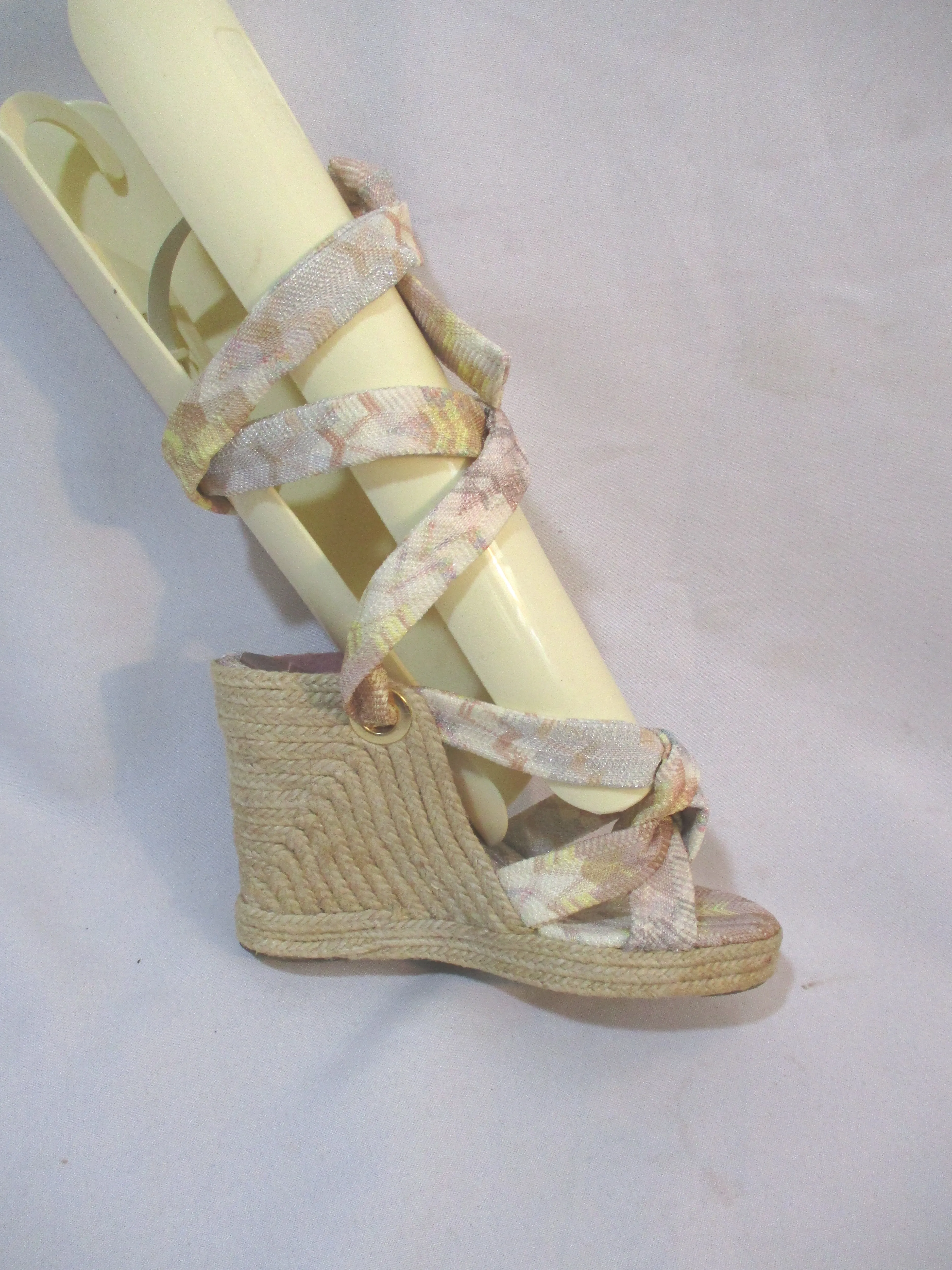 NEW MISSONI WEDGE HEEL Sandal Ankle Wrap Espadrille  SPAIN 37 SILVER GOLD