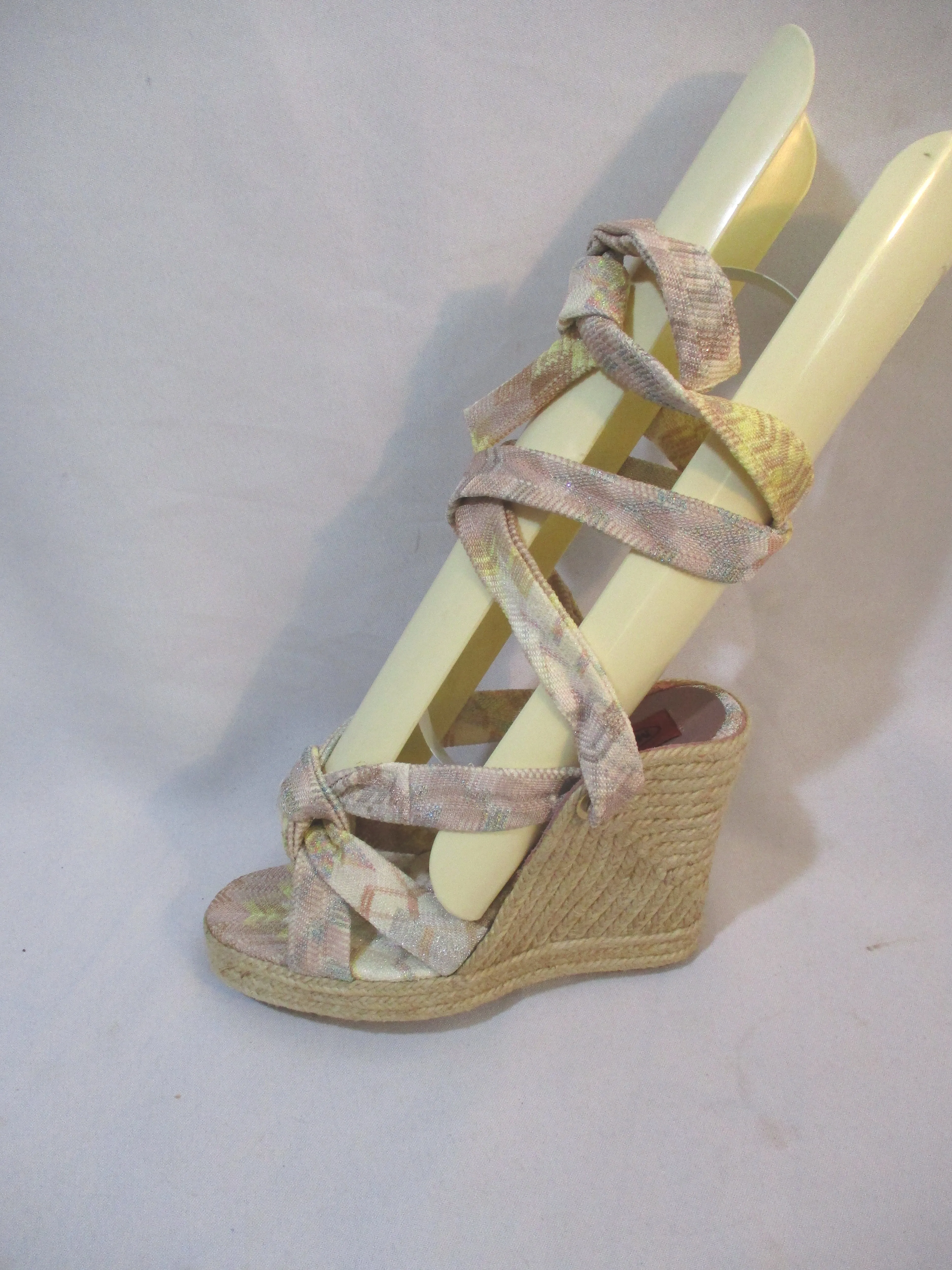 NEW MISSONI WEDGE HEEL Sandal Ankle Wrap Espadrille  SPAIN 37 SILVER GOLD