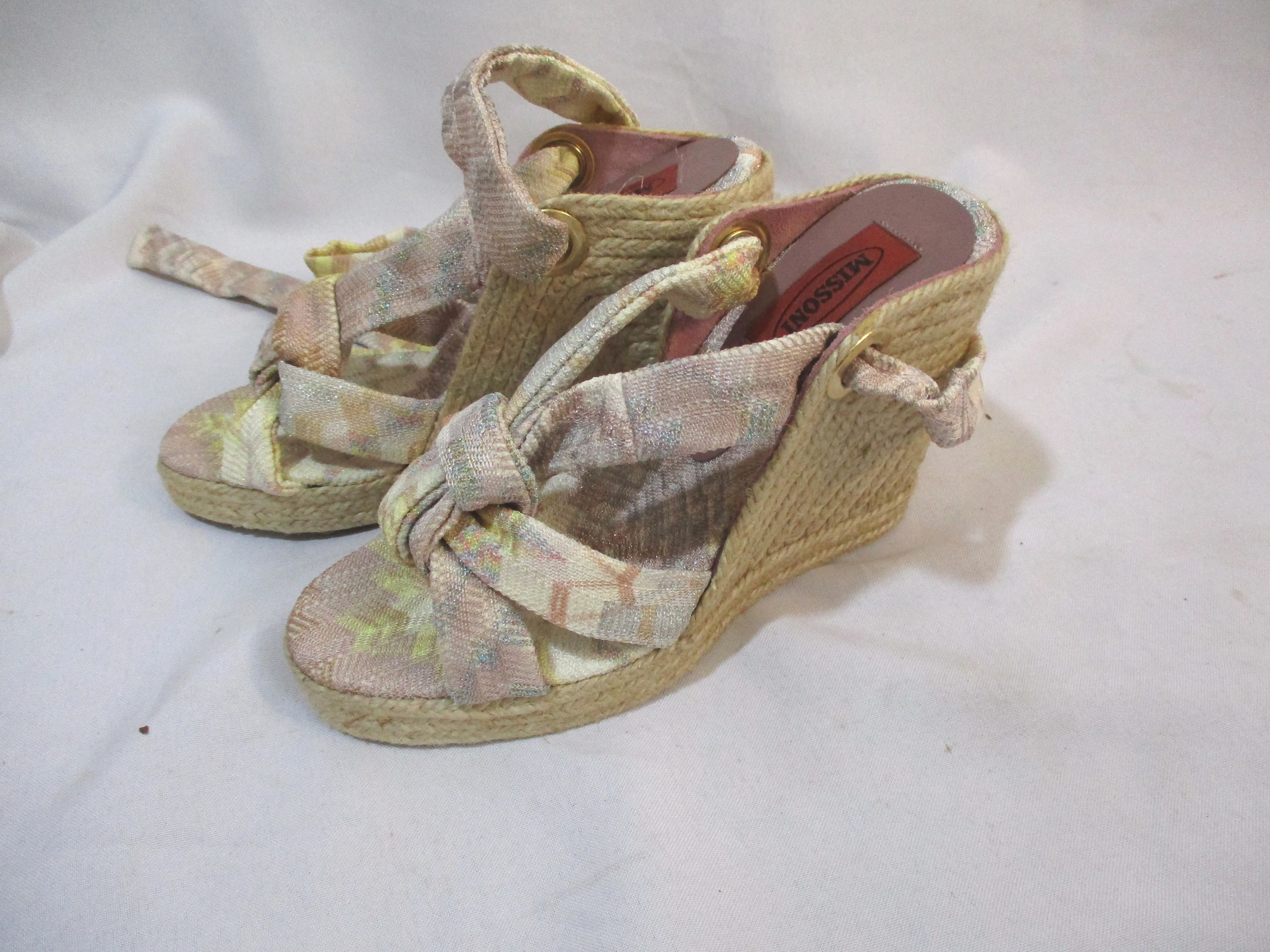 NEW MISSONI WEDGE HEEL Sandal Ankle Wrap Espadrille  SPAIN 37 SILVER GOLD