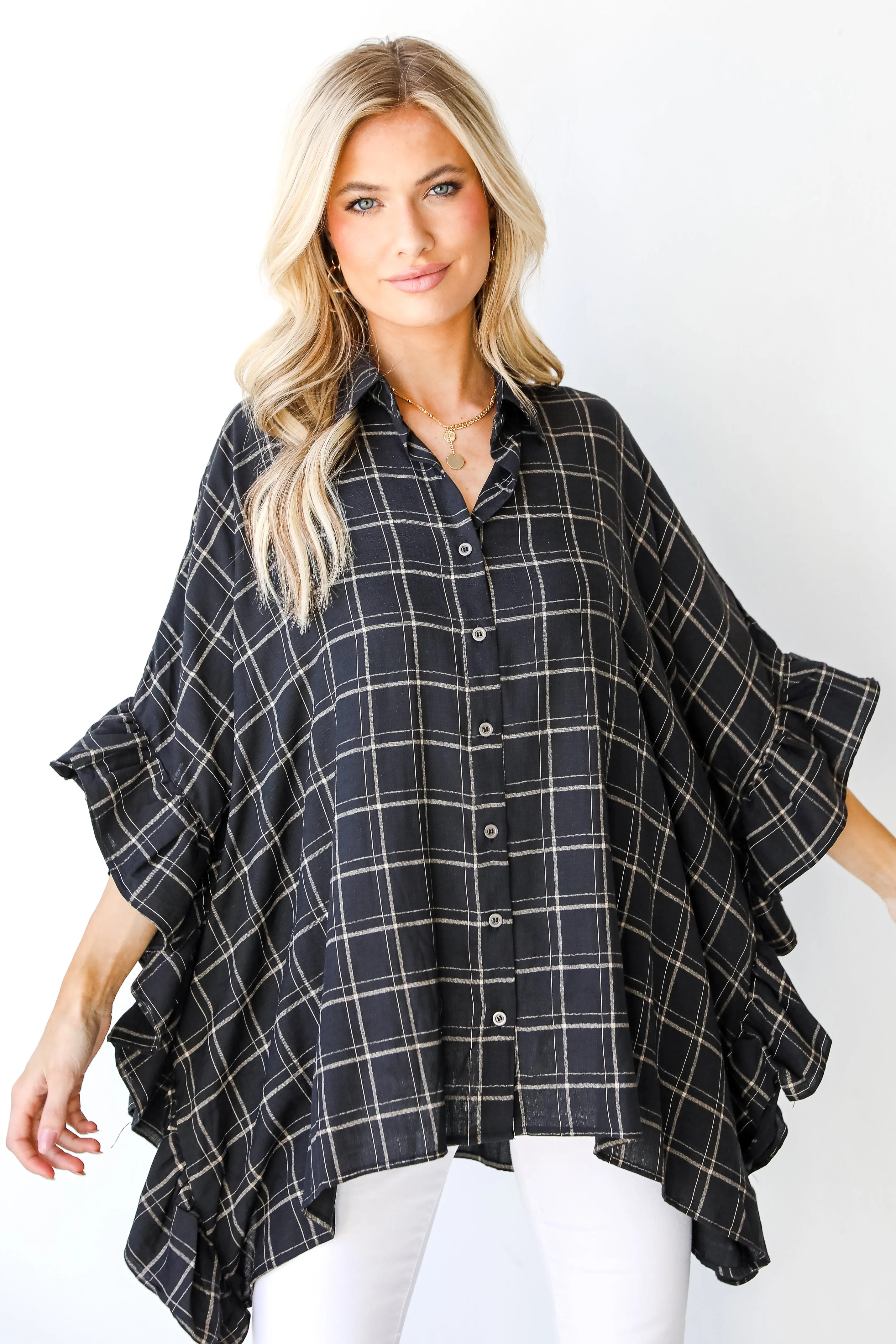 Only Exception Plaid Oversized Ruffle Blouse