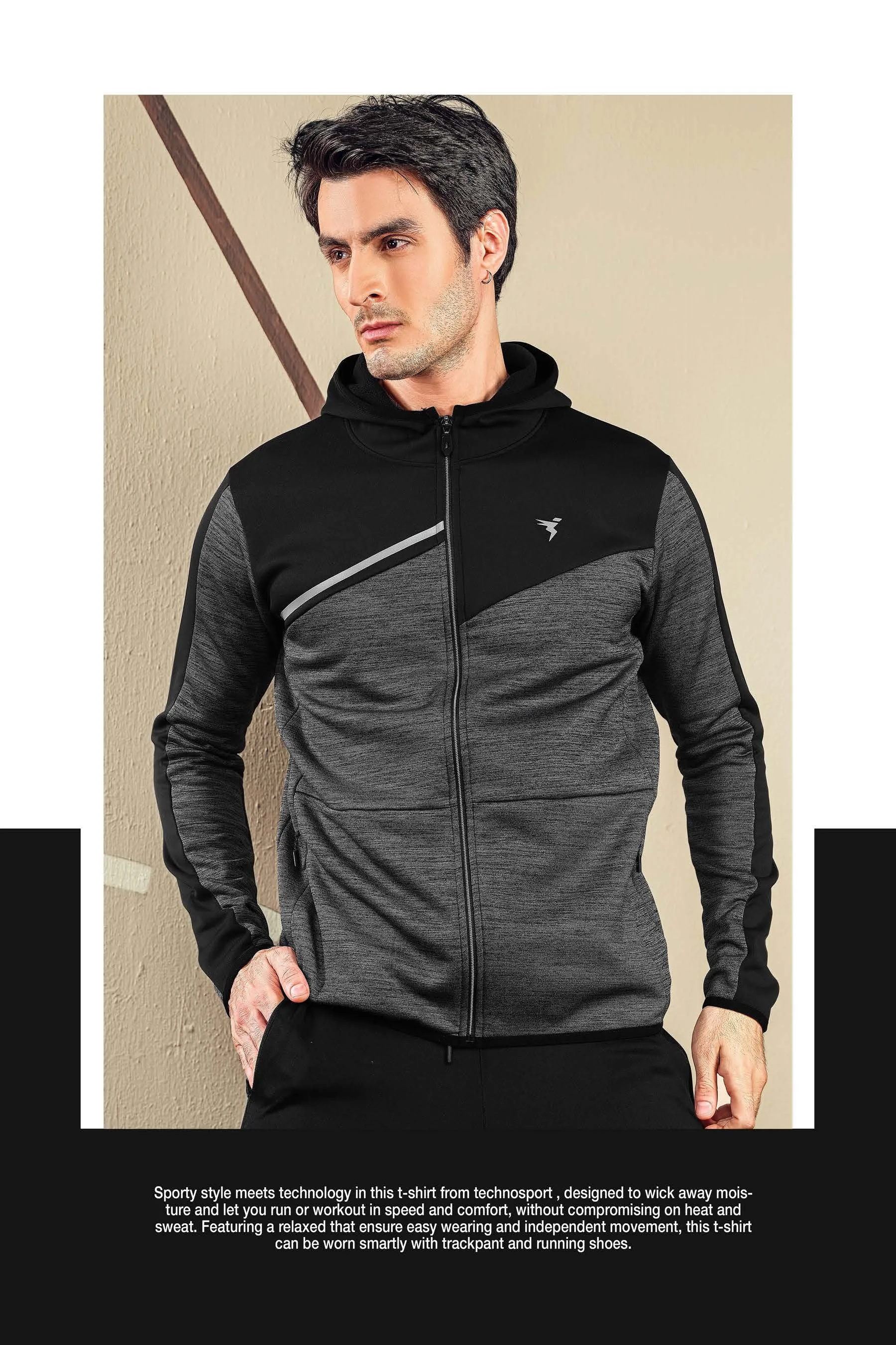 Technosport Full Sleeve Dry Fit Melange Hoodie Jacket for Men PL-74 (Dark Grey)