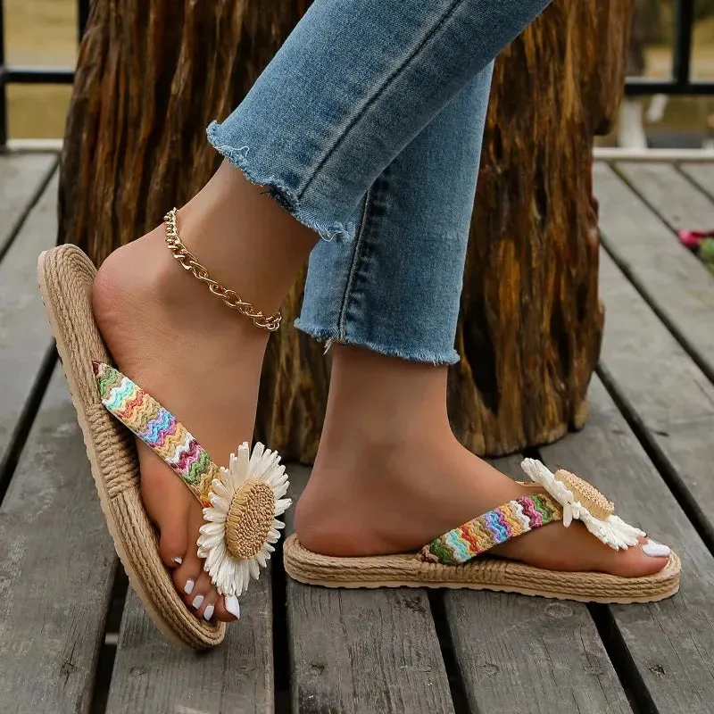 Zoe - Flower-Embellished Braided Strap Sandals