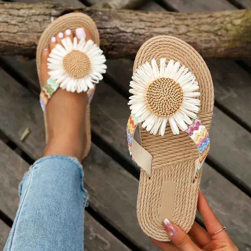 Zoe - Flower-Embellished Braided Strap Sandals